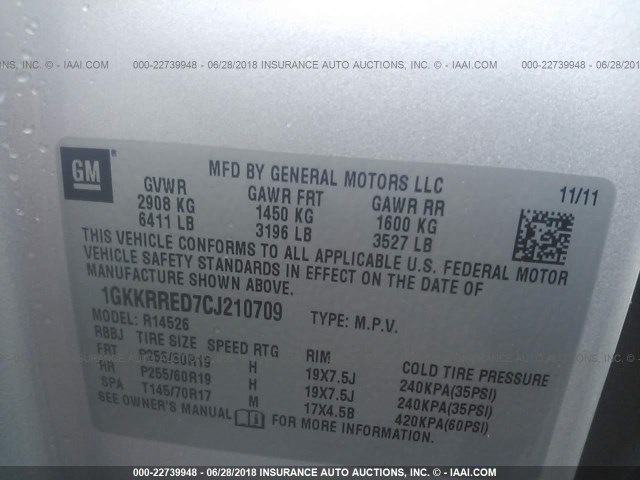 1GKKRRED7CJ210709 - 2012 GMC ACADIA SLT-1 Plata foto 9