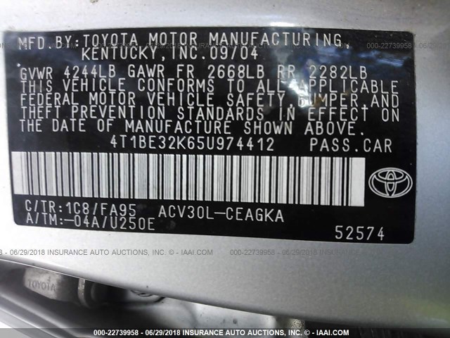 4T1BE32K65U974412 - 2005 TOYOTA CAMRY LE/XLE/SE Күміс фото 9