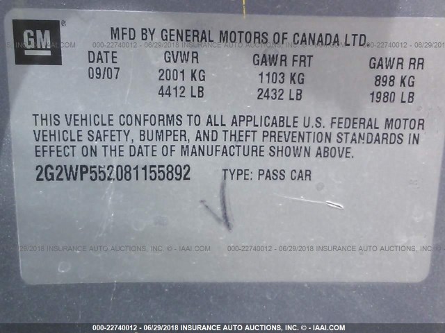 2G2WP552081155892 - 2008 PONTIAC GRAND PRIX SILVER photo 9