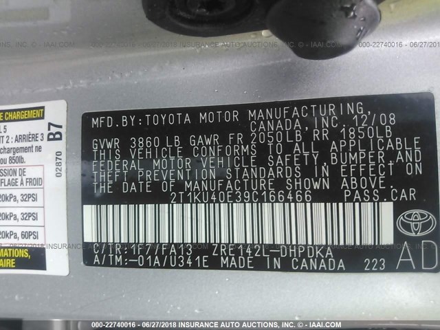 2T1KU40E39C166466 - 2009 TOYOTA COROLLA MATRIX  SILVER photo 9