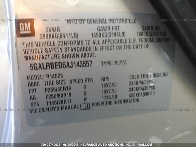 5GALRBED6AJ143557 - 2010 BUICK ENCLAVE CXL Champagne photo 9