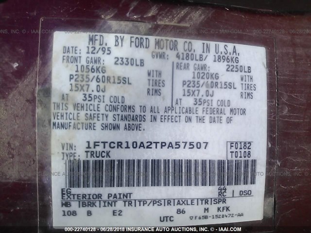 1FTCR10A2TPA57507 - 1996 FORD RANGER RED photo 9