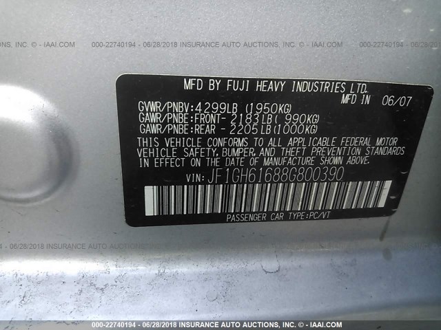 JF1GH61688G800390 - 2008 SUBARU IMPREZA 2.5I SILVER photo 9