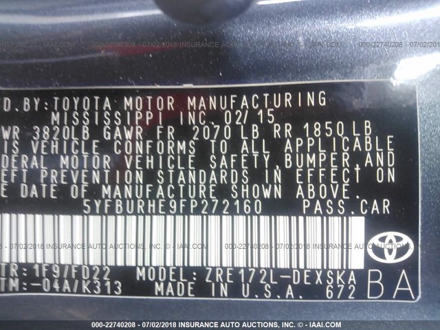 5YFBURHE9FP272160 - 2015 TOYOTA COROLLA L/LE/LE PLS/PRM/S/S PLS 灰色 照片 9