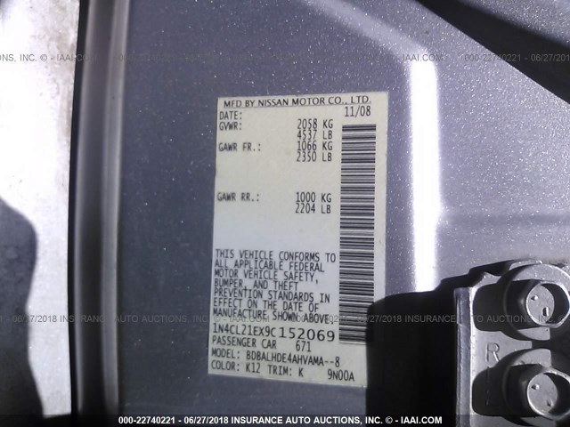 1N4CL21EX9C152069 - 2009 NISSAN ALTIMA HYBRID SILVER photo 9