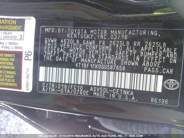 4T1BF1FK0GU587658 - 2016 TOYOTA CAMRY LE/XLE/SE/XSE BLACK photo 9