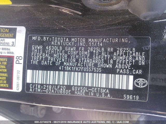 4T1BK1FK7FU557535 - 2015 TOYOTA CAMRY XSE/XLE Qara foto 9