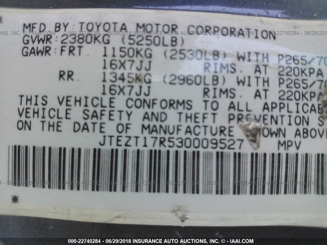 JTEZT17R530009527 - 2003 TOYOTA 4RUNNER LIMITED GRAY photo 9