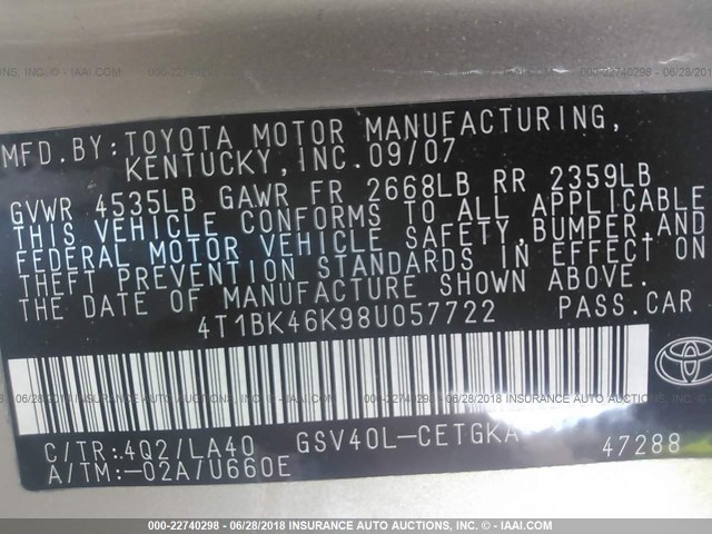 4T1BK46K98U057722 - 2008 TOYOTA CAMRY LE/XLE/SE 棕色 照片 9