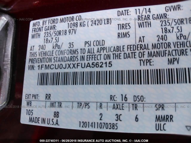 1FMCU0JXXFUA56215 - 2015 FORD ESCAPE TITANIUM RED photo 9