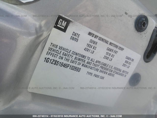 1G1ZS51846F102693 - 2006 CHEVROLET MALIBU LS SILVER photo 9