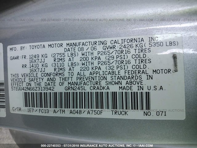 5TEUU42N66Z313942 - 2006 TOYOTA TACOMA ACCESS CAB Күміс фото 9