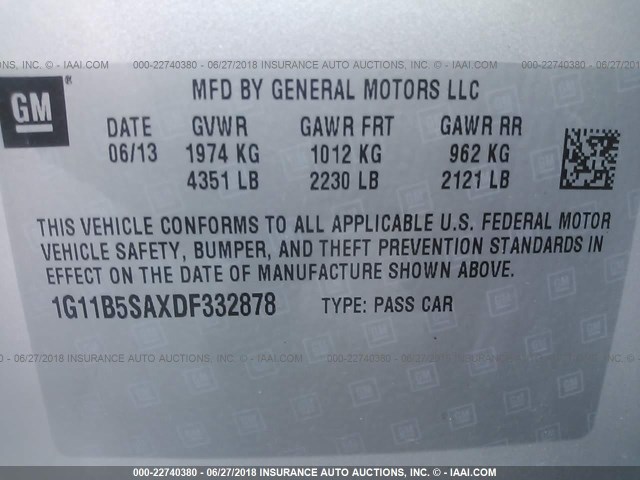 1G11B5SAXDF332878 - 2013 CHEVROLET MALIBU LS Gümüş foto 9