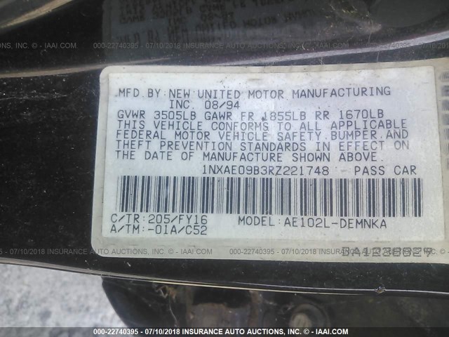 1NXAE09B3RZ221748 - 1994 TOYOTA COROLLA LE/DX შავი ფოტო 9