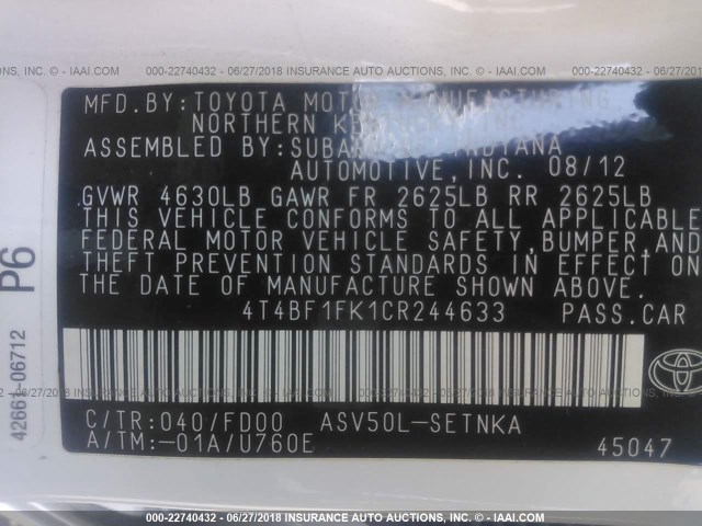 4T4BF1FK1CR244633 - 2012 TOYOTA CAMRY SE/LE/XLE თეთრი ფოტო 9