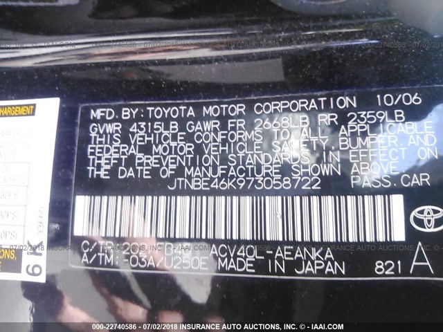 JTNBE46K973058722 - 2007 TOYOTA CAMRY NEW GENERAT CE/LE/XLE/SE BLACK photo 9