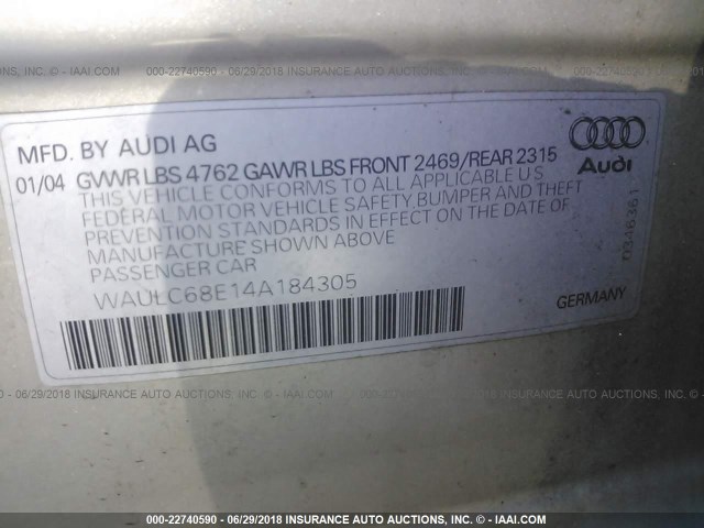 WAULC68E14A184305 - 2004 AUDI A4 1.8T QUATTRO GOLD photo 9