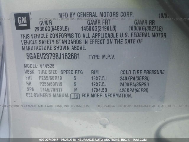 5GAEV23798J162681 - 2008 BUICK ENCLAVE CXL SILVER photo 9