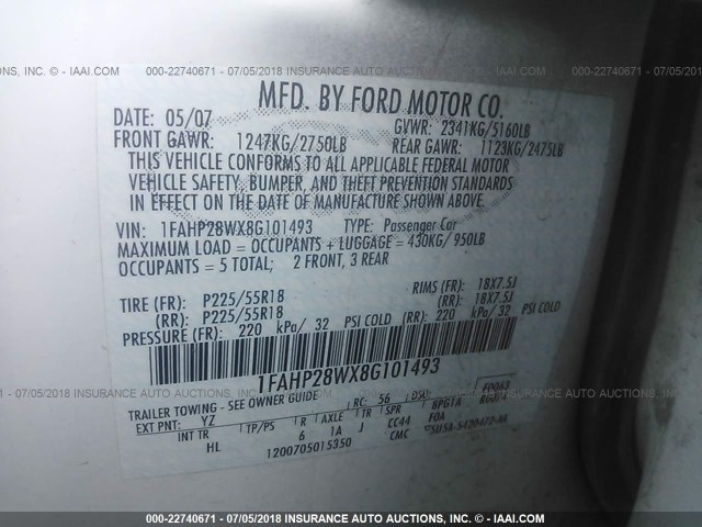 1FAHP28WX8G101493 - 2008 FORD TAURUS LIMITED WHITE photo 9