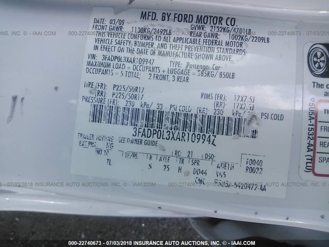 3FADP0L3XAR109947 - 2010 FORD FUSION HYBRID WHITE photo 9