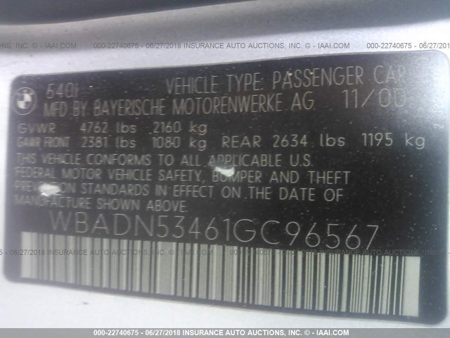 WBADN53461GC96567 - 2001 BMW 540 I SILVER photo 9