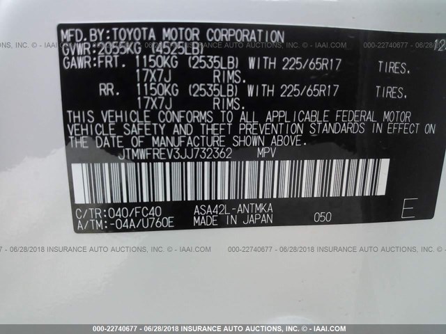 JTMWFREV3JJ732362 - 2018 TOYOTA RAV4 ADVENTURE/XLE 白色 照片 9