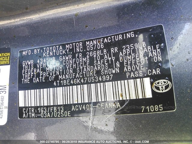 4T1BE46K47U534997 - 2007 TOYOTA CAMRY NEW GENERAT CE/LE/XLE/SE GRAY photo 9