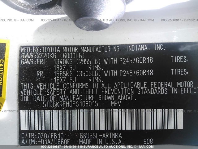 5TDBKRFH0FS108015 - 2015 TOYOTA HIGHLANDER LE/LE PLUS 白色 照片 9