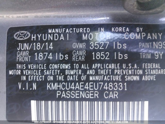 KMHCU4AE4EU748331 - 2014 HYUNDAI ACCENT GLS/SE GRAY photo 9