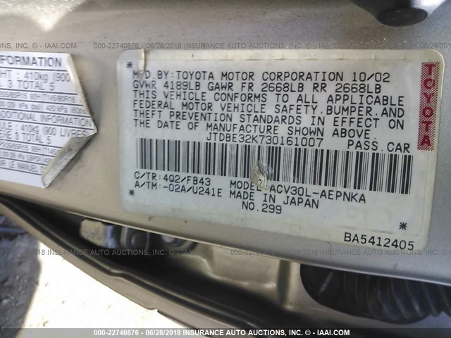 JTDBE32K730161007 - 2003 TOYOTA CAMRY LE/XLE Champagne photo 9