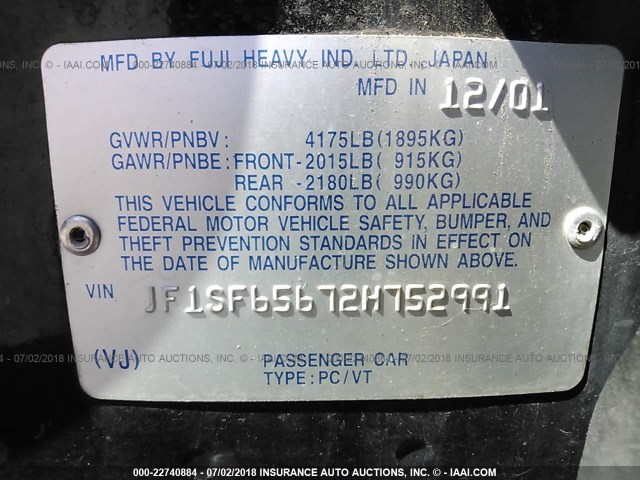 JF1SF65672H752991 - 2002 SUBARU FORESTER S 黑色 照片 9