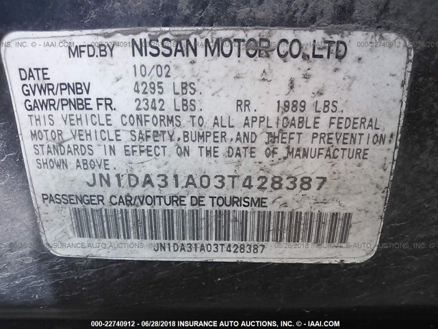 JN1DA31A03T428387 - 2003 NISSAN MAXIMA GLE/SE BLUE photo 9