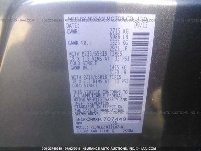 5N1AR2MMXFC707449 - 2015 NISSAN PATHFINDER S/SV/SL/PLATINUM GRAY photo 9