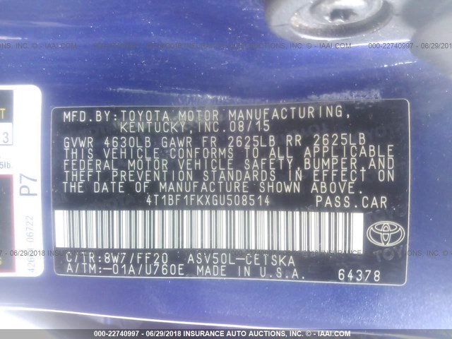 4T1BF1FKXGU508514 - 2016 TOYOTA CAMRY LE/XLE/SE/XSE PURPLE photo 9