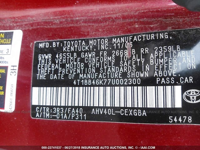 4T1BB46K77U002300 - 2007 TOYOTA CAMRY NEW GENERAT HYBRID RED photo 9