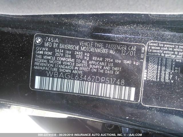 WBAGL63462DP51748 - 2002 BMW 745 I BLACK photo 9