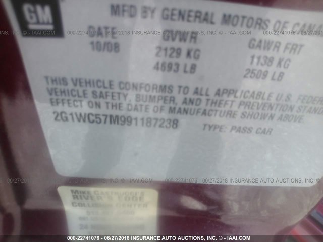 2G1WC57M991187238 - 2009 CHEVROLET IMPALA 2LT MAROON photo 9