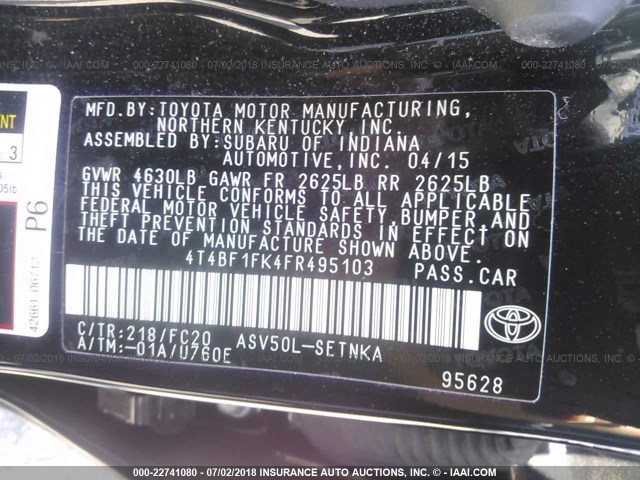 4T4BF1FK4FR495103 - 2015 TOYOTA CAMRY LE/XLE/SE/XSE BLACK photo 9