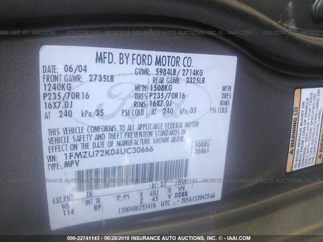 1FMZU72K04UC30666 - 2004 FORD EXPLORER XLS/XLS SPORT BROWN photo 9