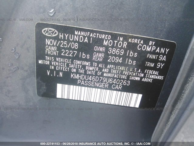 KMHDU46D79U640263 - 2009 HYUNDAI ELANTRA GLS/SE Pewter photo 9