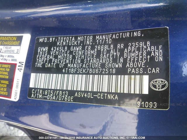 4T1BF3EK7BU672518 - 2011 TOYOTA CAMRY SE/LE/XLE ლურჯი ფოტო 9
