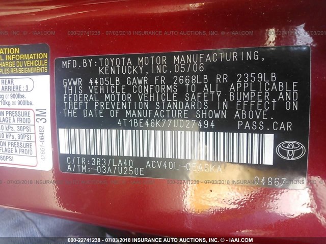 4T1BE46K77U027494 - 2007 TOYOTA CAMRY NEW GENERAT CE/LE/XLE/SE RED photo 9