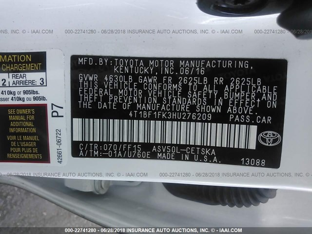 4T1BF1FK3HU276209 - 2017 TOYOTA CAMRY LE/XLE/SE/XSE WHITE photo 9