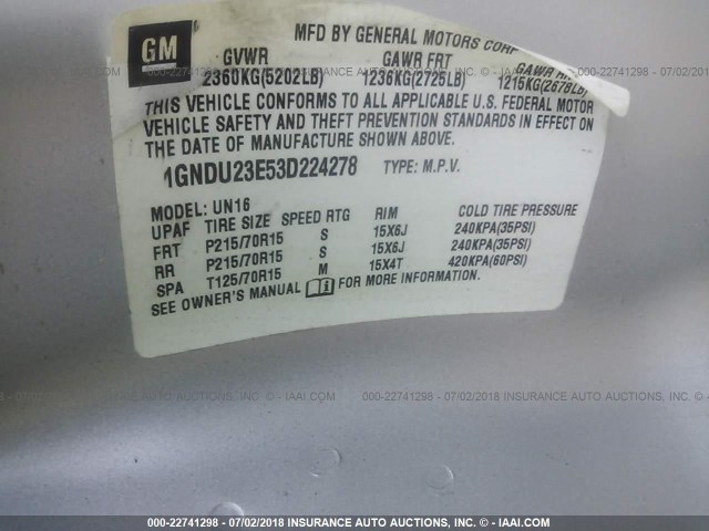 1GNDU23E53D224278 - 2003 CHEVROLET VENTURE ECONOMY SILVER photo 9