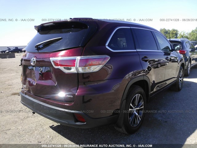 5TDJKRFH2GS356408 - 2016 TOYOTA HIGHLANDER XLE ბურგუნდია ფოტო 4