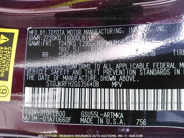 5TDJKRFH2GS356408 - 2016 TOYOTA HIGHLANDER XLE ბურგუნდია ფოტო 9