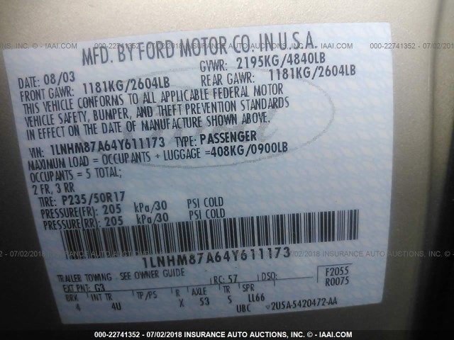 1LNHM87A64Y611173 - 2004 LINCOLN LS 金色 照片 9