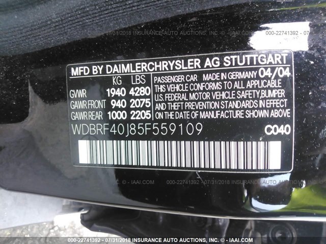 WDBRF40J85F559109 - 2005 MERCEDES-BENZ C 230K SPORT SEDAN BLACK photo 9