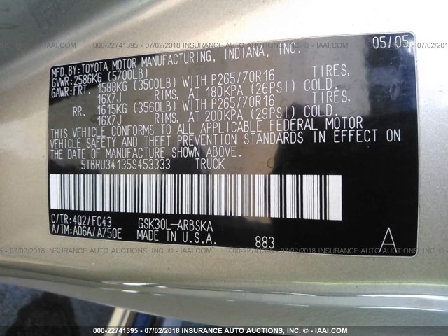 5TBRU34135S453333 - 2005 TOYOTA TUNDRA ACCESS CAB SR5 TAN photo 9