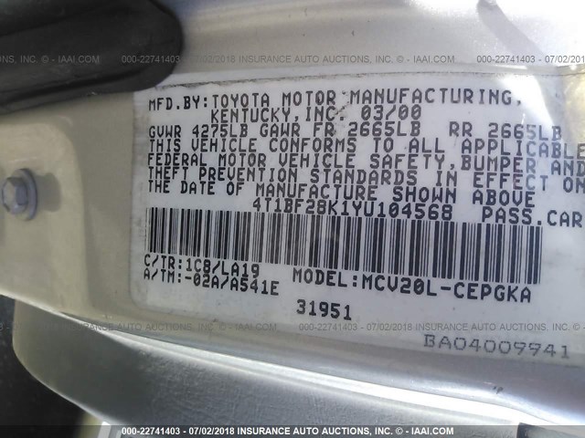 4T1BF28K1YU104568 - 2000 TOYOTA CAMRY LE/XLE SILVER photo 9